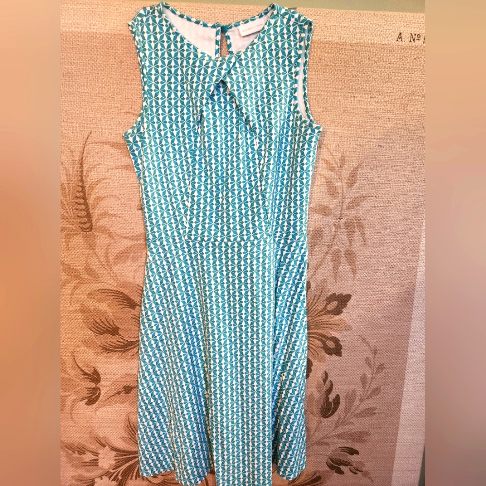 New York & Company A Line Geometric Teal & White Sleeveless Cotton Dress XS